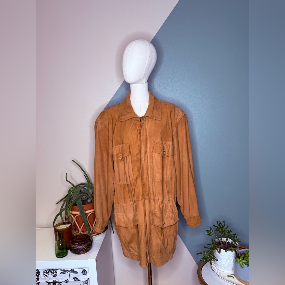 VTG Georgetown Leather Design Tan Suede Safari Jacket S Field Coat 100% Leather - Picture 2 of 14